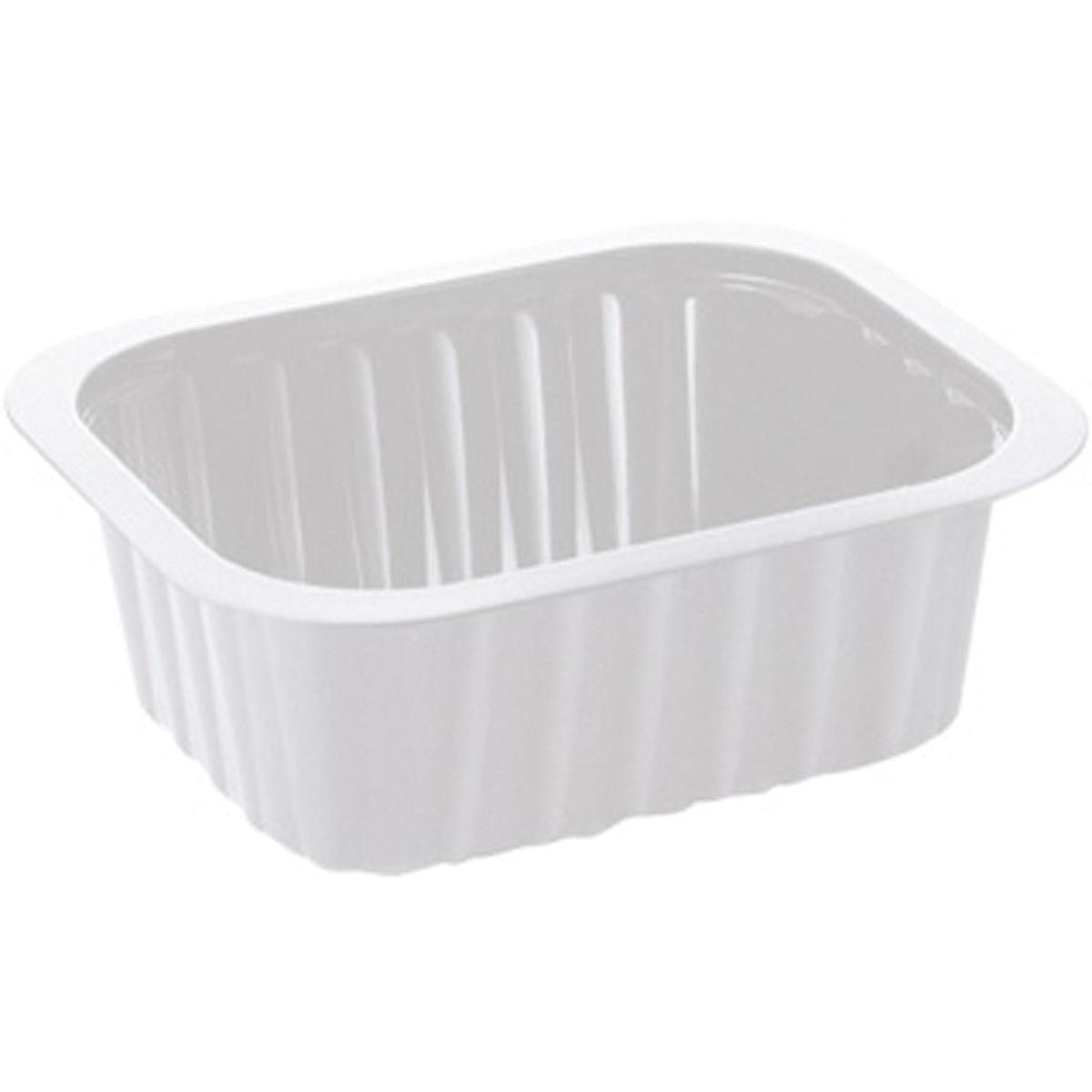 Le plateau PP blanc PP 138x114 de Duni GmbH est un simple plateau rectangulaire blanc avec des côtés cannelés et des coins arrondis, illustré sur un fond blanc.