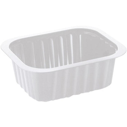 Le plateau PP blanc PP 138x114 de Duni GmbH est un simple plateau rectangulaire blanc avec des côtés cannelés et des coins arrondis, illustré sur un fond blanc.