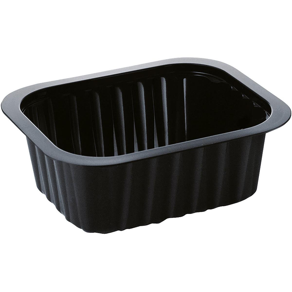 Le plateau PP noir PP 138x114 de Duni GmbH est un plateau rectangulaire noir avec des côtés nervurés et un bord légèrement surélevé, illustré sur un fond blanc.