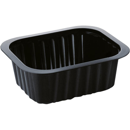Le plateau PP noir PP 138x114 de Duni GmbH est un plateau rectangulaire noir avec des côtés nervurés et un bord légèrement surélevé, illustré sur un fond blanc.