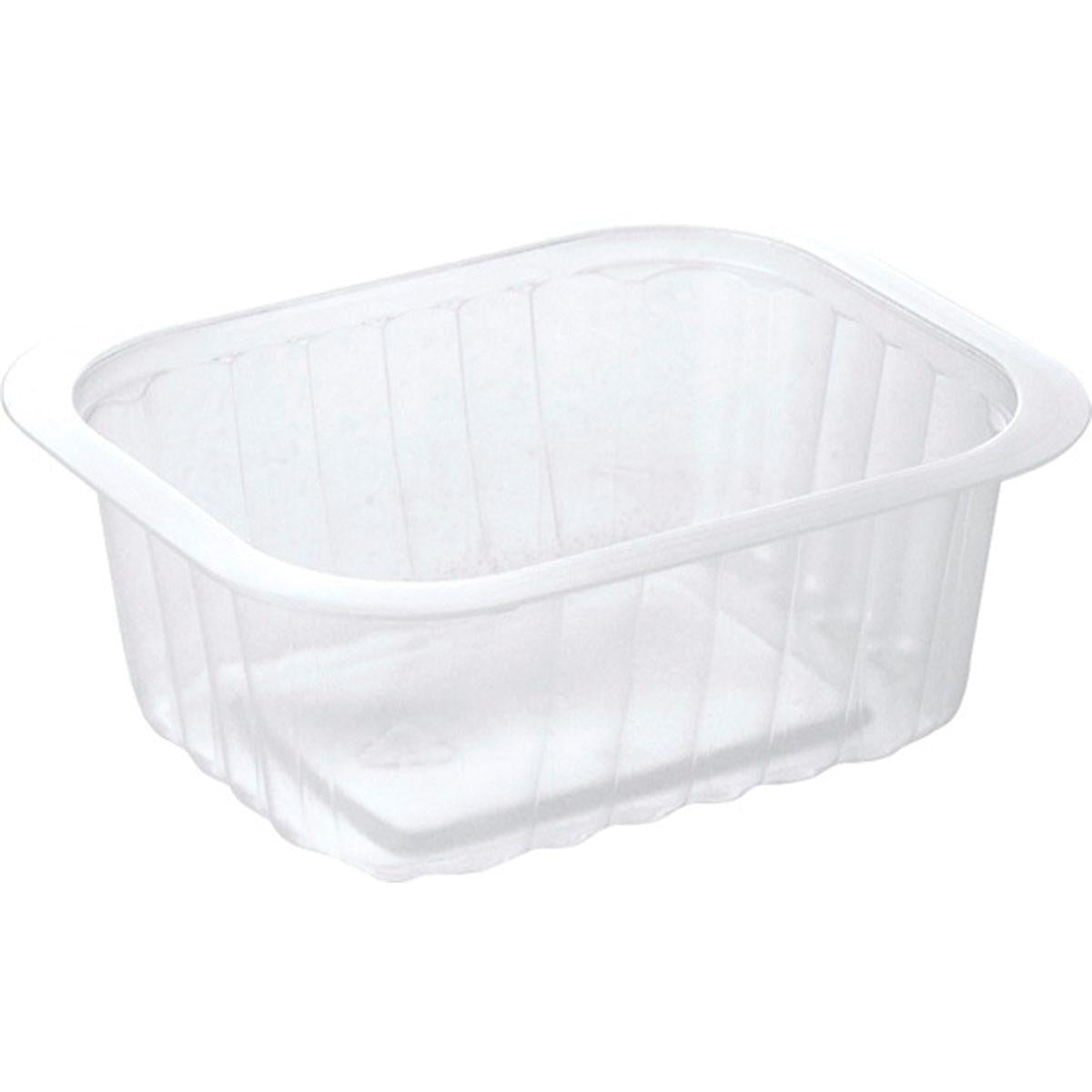 Le bol PP transparent PP 138x114 de Duni GmbH est un récipient alimentaire rectangulaire clair avec des côtés légèrement nervurés et un large bord plat, présenté sur fond blanc.