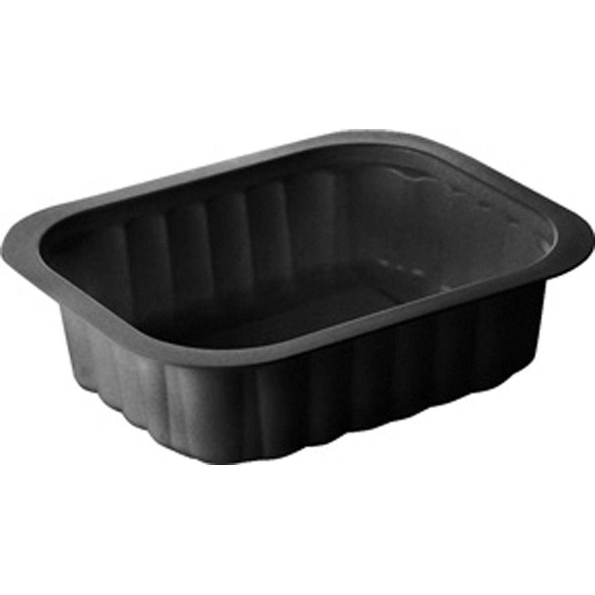 Un plateau PP noir PP 138x114 de Duni GmbH avec des côtés nervurés et un bord plat, noir et rectangulaire, représenté en vue oblique sur un fond blanc.