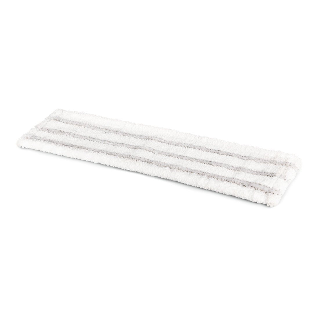 La housse de rechange en microfibre Nölle Profi Brush pour balai à franges (55 cm, 1 pièce), fabriquée par Nölle Profi Brush Bürsten- & Pinseltechnik e.K., est une housse de rechange rectangulaire blanche ornée de deux bandes gris clair disposées à plat sur un fond blanc.