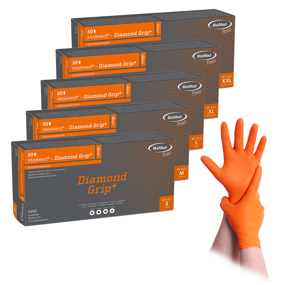 Gant en nitrile MaiMed-Diamond Grip+ orange, non stérile, sans latex