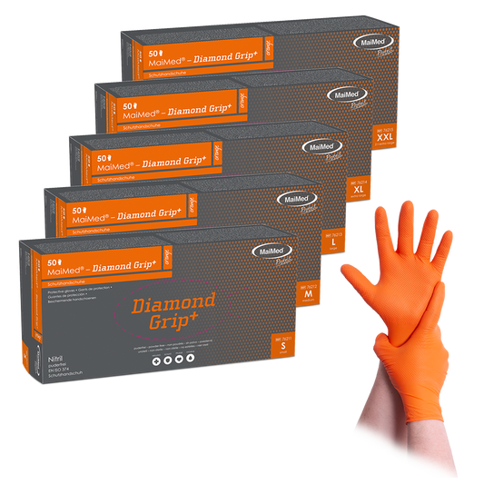 Gant en nitrile MaiMed-Diamond Grip+ orange, non stérile, sans latex