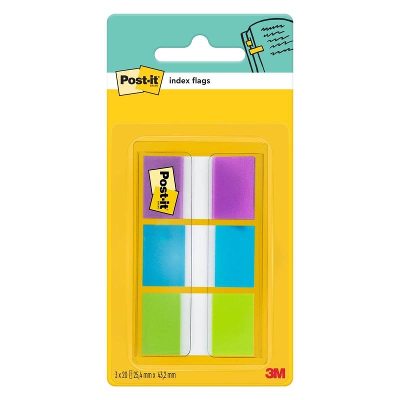 Un paquet de languettes adhésives 3M Post-it® Index, Standard (25,4 mm x 43,2 mm), 60 languettes de différentes couleurs dans un distributeur. Idéal pour organiser des documents ; avec la marque Post-it® et 3M Deutschland GmbH sur l'emballage.
