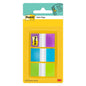 Un paquet de languettes adhésives 3M Post-it® Index, Standard (25,4 mm x 43,2 mm), 60 languettes de différentes couleurs dans un distributeur. Idéal pour organiser des documents ; avec la marque Post-it® et 3M Deutschland GmbH sur l'emballage.