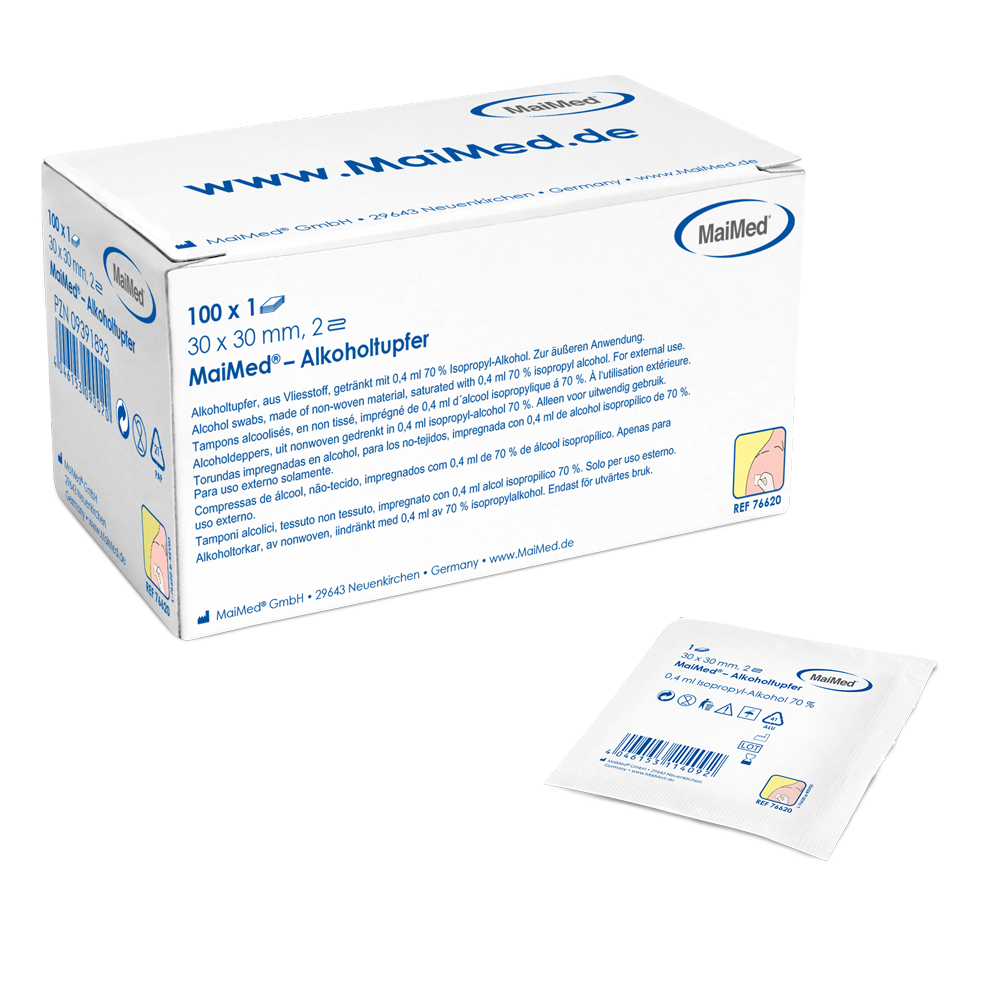 Écouvillon d'alcool Meditrade 30 x 30 mm tissu blanc non tissé à deux gomandes | Boîte (100 pièces)