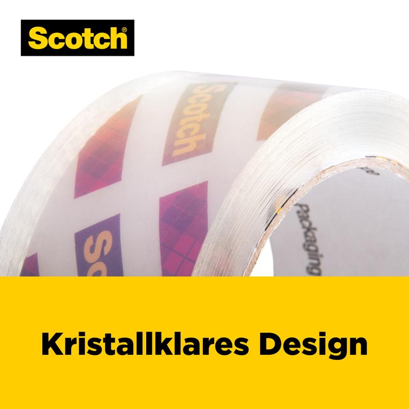 Un gros plan d'un rouleau de ruban d'emballage Scotch® Box Lock™ (48 mm x 20,3 m) de 3M Deutschland GmbH, sur lequel le logo est visible. Sous le ruban se trouve une bannière jaune avec l'inscription "Design cristal clair" en lettres noires.