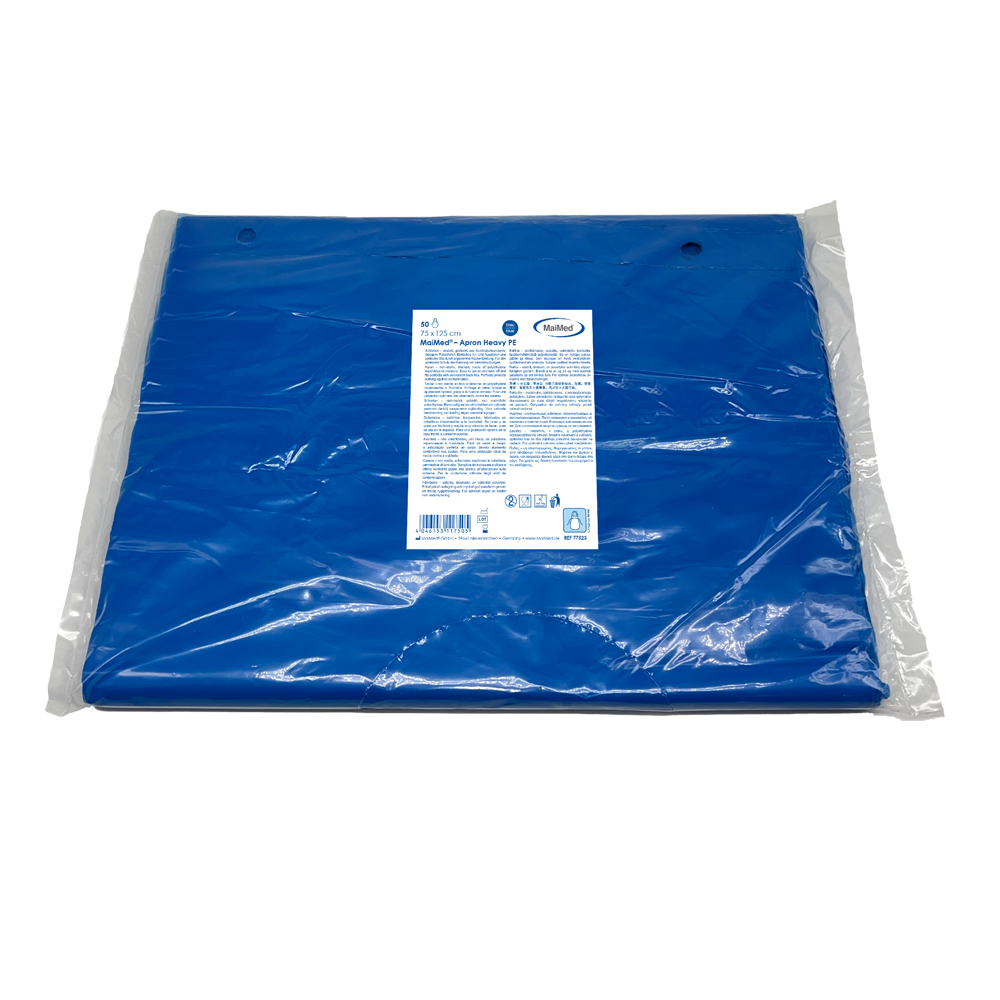 MaiMed-Apron Heavy PE, tablier en PE 75x125cm bleu, 50 pièces/paquet, bloqué, surface lisse | Paquet (50 pièces)