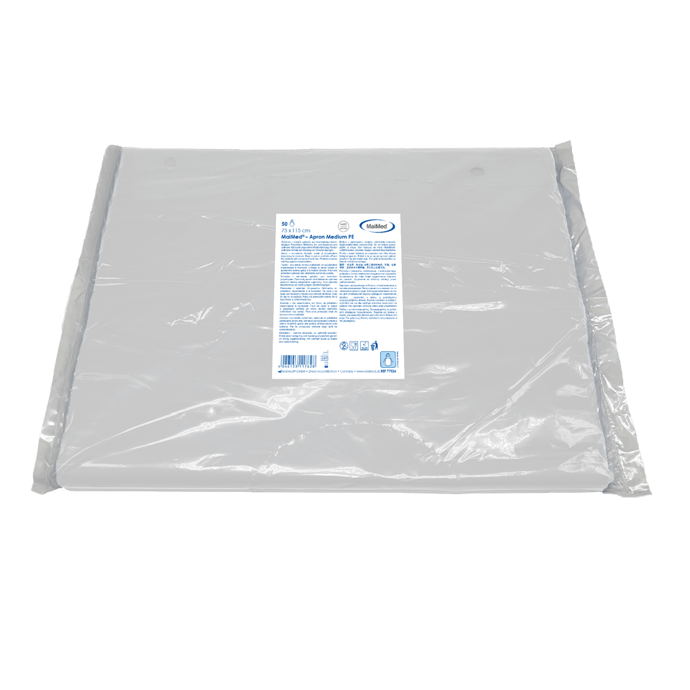 MaiMed-Apron Medium PE, tablier en PE 75x115cm blanc, 50 pièces/paquet, bloqué, surface lisse | Paquet (50 pièces)