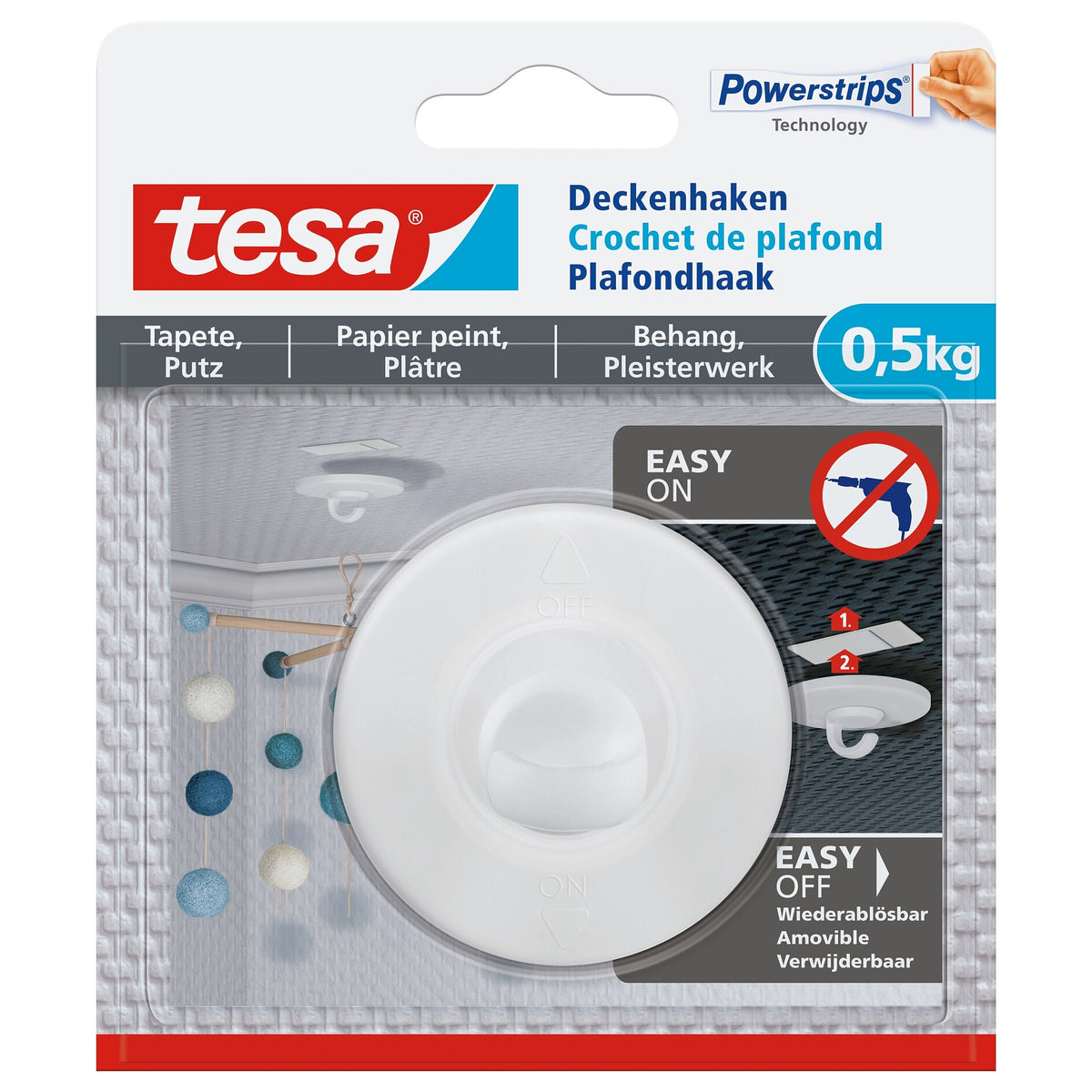 Crochet de fixation au plafond tesa pour papier peint et crépi, blanc, jusqu'à 0,5 kg