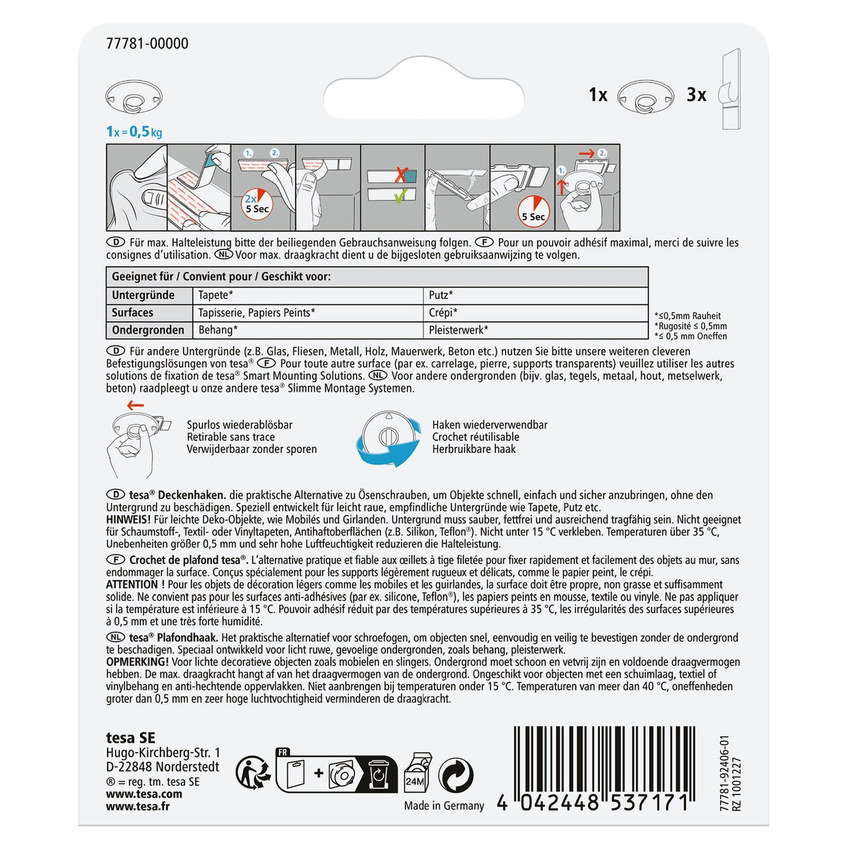 Crochet de fixation au plafond tesa pour papier peint et crépi, blanc, jusqu'à 0,5 kg