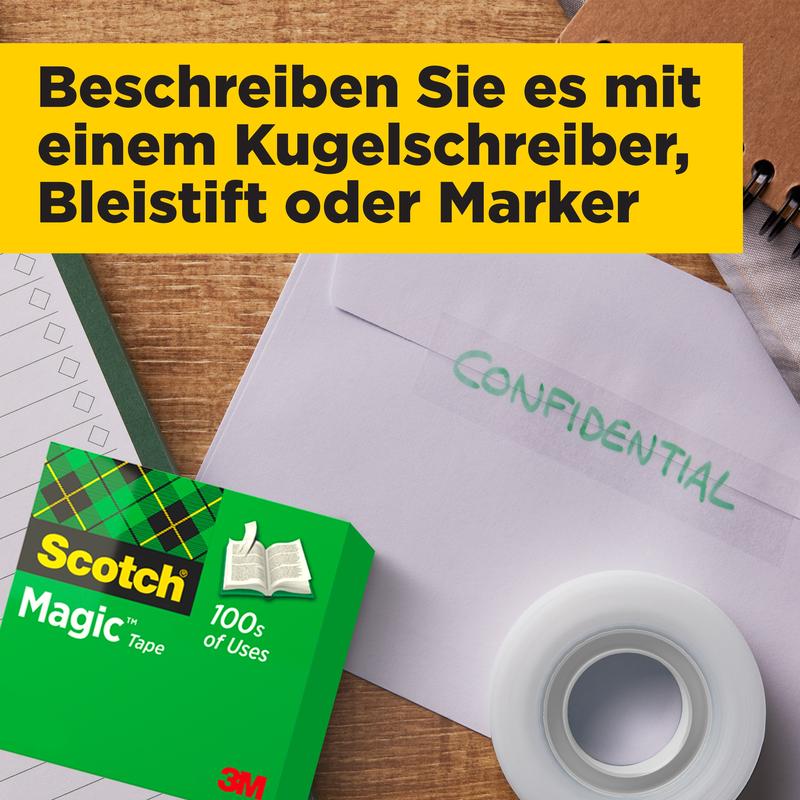Sur une table en bois se trouvent un paquet de 3M Scotch® Magic™ Ruban Invisible, pack avantage avec 14 rouleaux (19 mm x 33 m), un stylo, des piles de papier et une enveloppe avec "CONFIDENTIEL". Dans le champ jaune : "Écrire avec stylo, crayon ou marqueur."