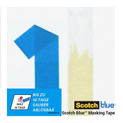 Une bande de ruban de masquage bleu forme un "1" à côté d'une bande de ruban monochrome. Le texte allemand et les logos montrent qu'il s'agit du ruban de masquage ScotchBlue™ "Multi-Surface" de 3M Deutschland GmbH, qui peut être retiré jusqu'à 14 jours.