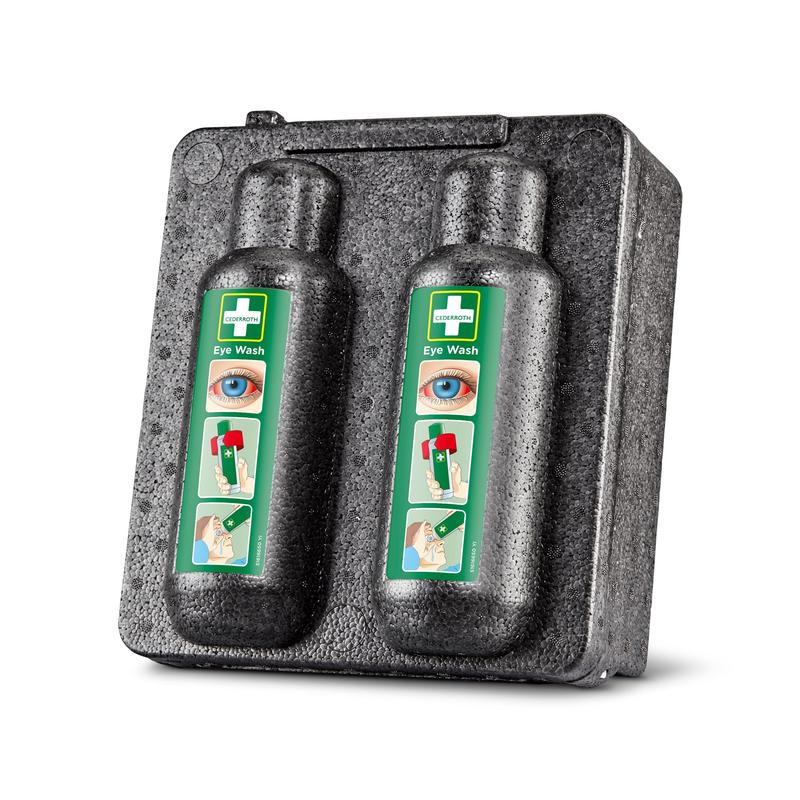 L'armoire chauffante Orkla Wound Care AB pour rinçage oculaire 500x2 (1 paquet) contient deux flacons de rinçage oculaire avec des étiquettes pictogrammes vertes et offre un stockage sécurisé et un accès rapide pour les premiers secours en cas de blessures oculaires en urgence.