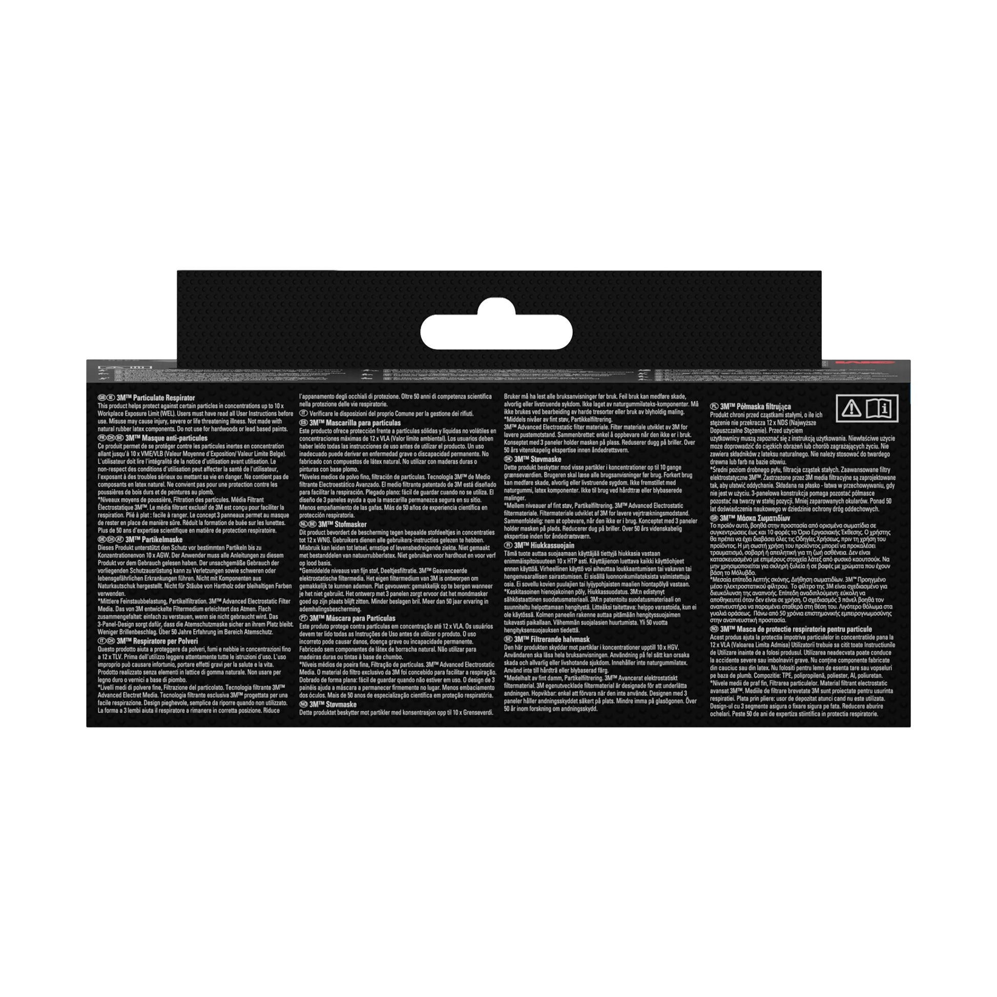 Die Abbildung zeigt die Rückseite einer 3M™ Cool Flow™ Partikelmaske 8833, FFP3, mit Ventil, 2er-Packung (3M Deutschland GmbH) mit weißen Anweisungen und Warnhinweisen in verschiedenen Sprachen auf schwarzem Hintergrund und einer Aufhängelasche.