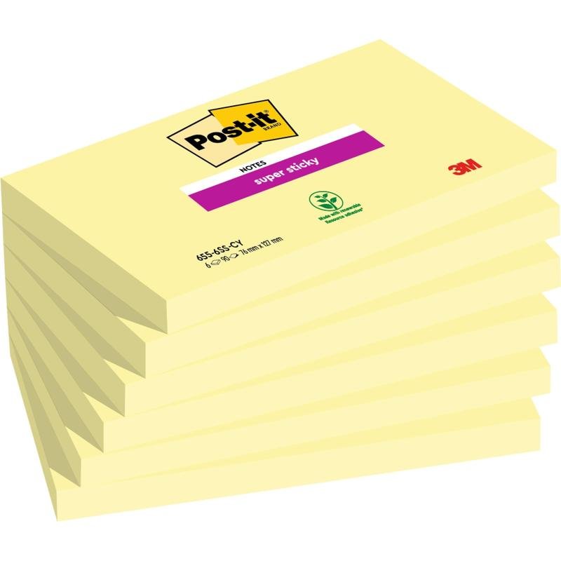 Une pile de six Post-it® Super Sticky Notes (76 mm x 127 mm, 90 feuilles/pad, 100% PEFC) de 3M Allemagne GmbH est montrée dans un emballage de marque avec les symboles "Super Sticky" et certification environnementale visibles.