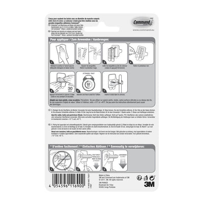 Le dos d'un emballage de support à balai Command™, 17007-FR de 3M Deutschland GmbH, montre un guide illustré multilingue pour fixer et retirer le support avec des bandes adhésives Command. Des diagrammes guident étape par étape le montage et le démontage.