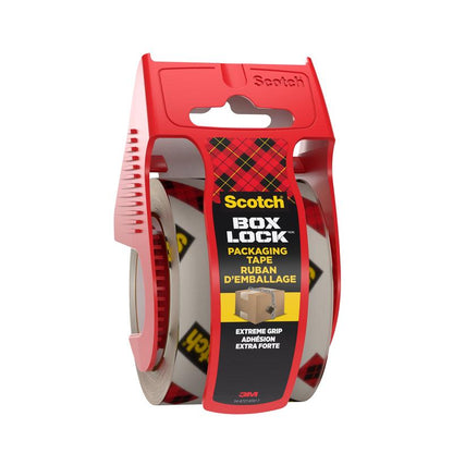 Le ruban d'emballage Scotch® Box Lock™ (48 mm x 20,3 m) de 3M Deutschland GmbH est livré dans un distributeur en plastique rouge avec coupeur intégré et poignée, et est doté d'une étiquette "Extreme Grip" noire et jaune pour un emballage sécurisé.