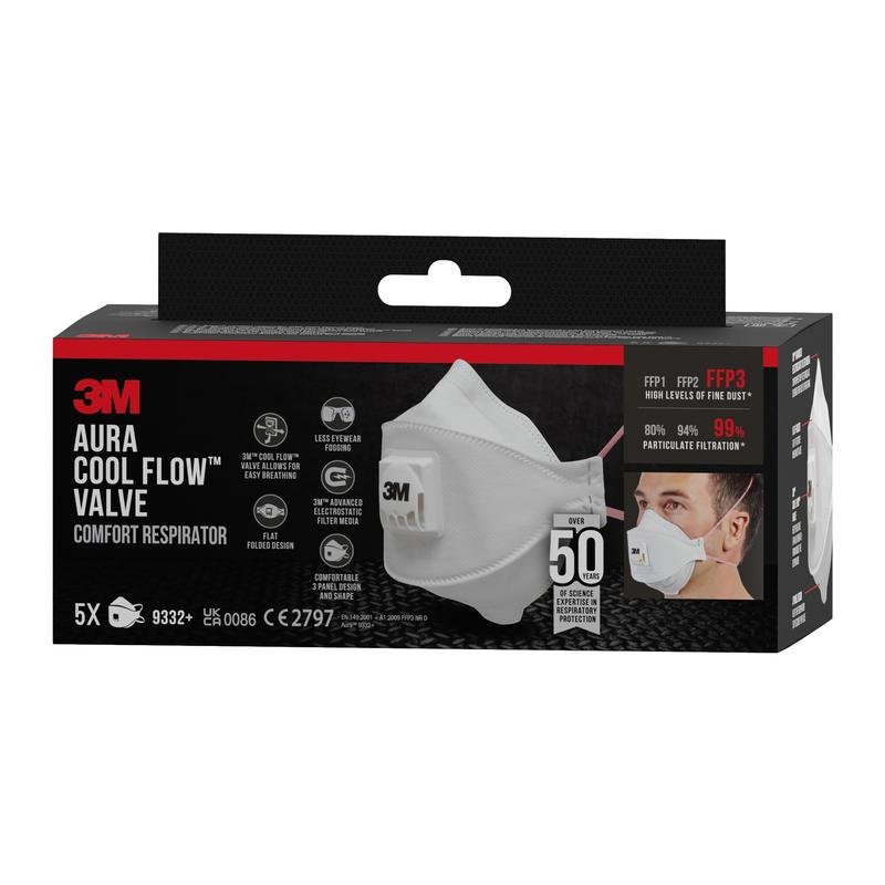 Un paquet de 3M™ Aura™ Comfort Cool Flow™ Masque anti-particules 9332+, FFP3, avec valve de 3M Deutschland GmbH, avec un masque blanc avec valve. Le paquet contient 5 masques, chacun offrant une protection FFP3 et une filtration des particules de plus de 99 %.