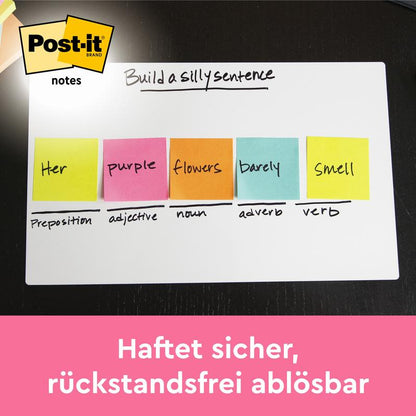 Sur un tableau blanc se trouvent cinq Notes Post-it® colorées (Beachside Collection, 38x51mm, 3M Deutschland), chacune étiquetée avec un mot et classée par type de mot. En haut, il est écrit "Construire une phrase amusante", dans le coin le logo Post-it®.