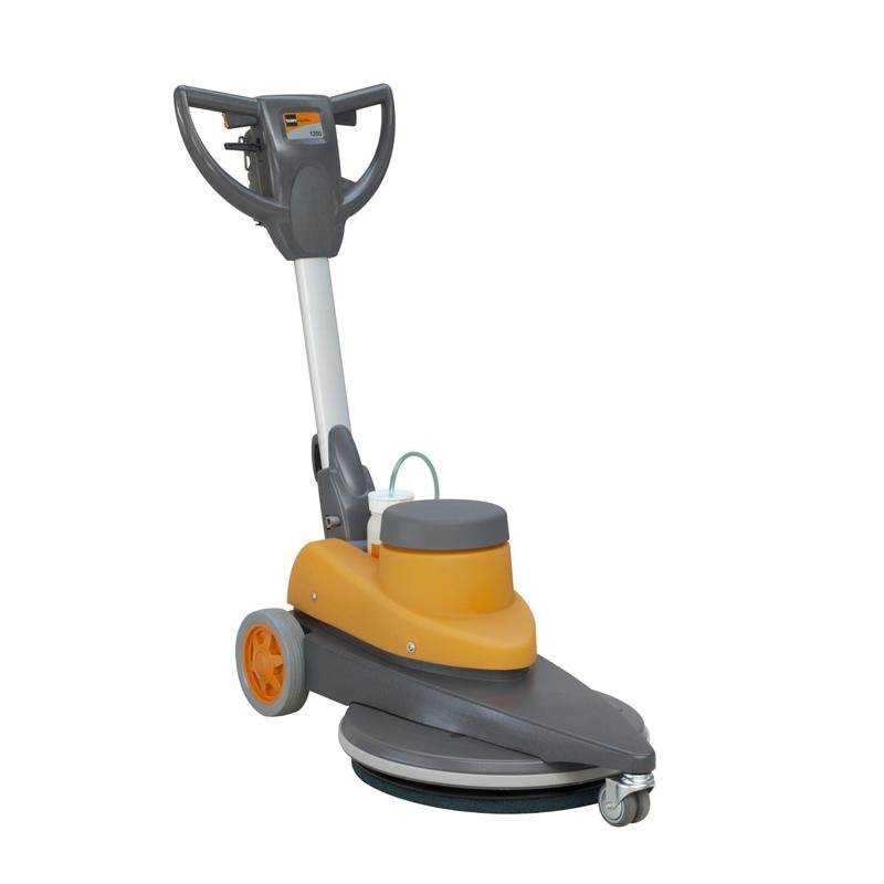 La TASKI ergodisc 1200 de Diversey Deutschland GmbH & Co. OHG est une monobrosse ultra-rapide (1 200 tr/min) pour le spray-buffing et le polissage avec un boîtier gris/orange, des roues arrière, un patin circulaire et une poignée avec dispositif de pulvérisation électrique.