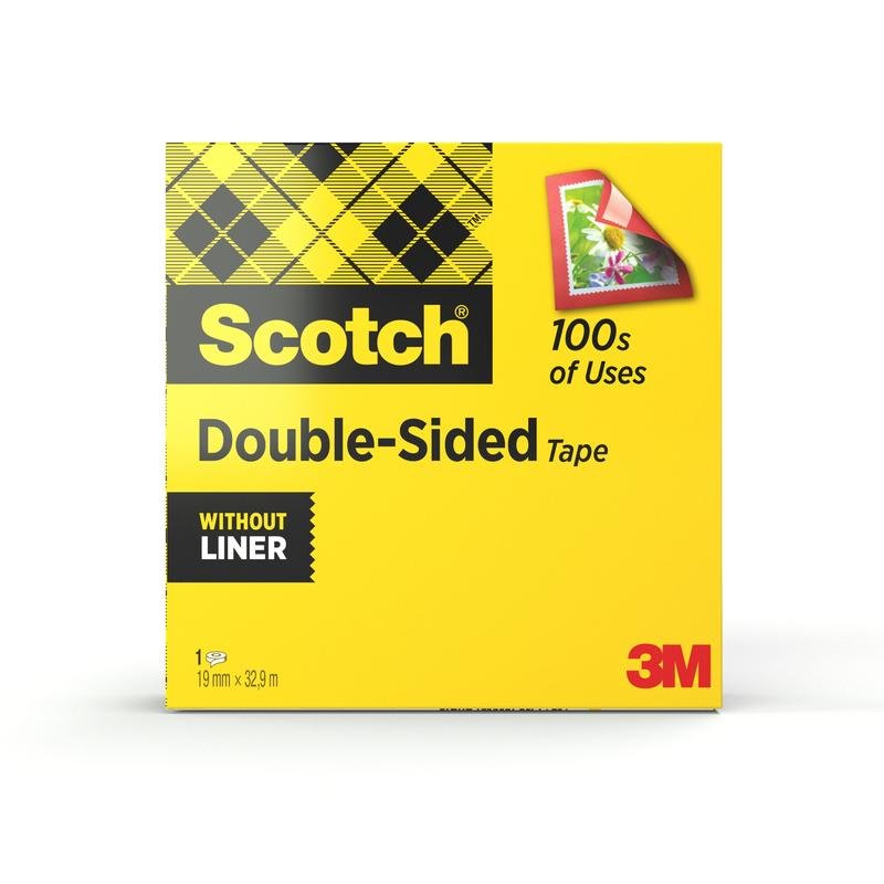 La boîte jaune de ruban adhésif double face Scotch®, 1 rouleau, 19 mm x 33 m de 3M Deutschland GmbH est à carreaux, avec "100s of Uses" et une illustration de timbre. Idéal pour les besoins en bricolage, le ruban est sans liner.