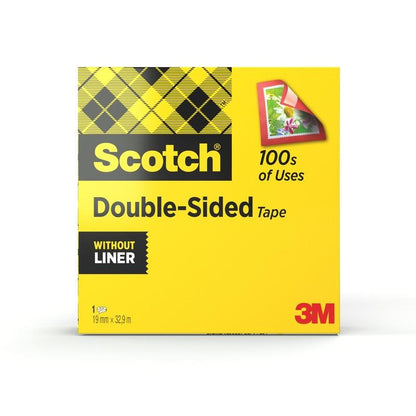 La boîte jaune de ruban adhésif double face Scotch®, 1 rouleau, 19 mm x 33 m de 3M Deutschland GmbH est à carreaux, avec "100s of Uses" et une illustration de timbre. Idéal pour les besoins en bricolage, le ruban est sans liner.