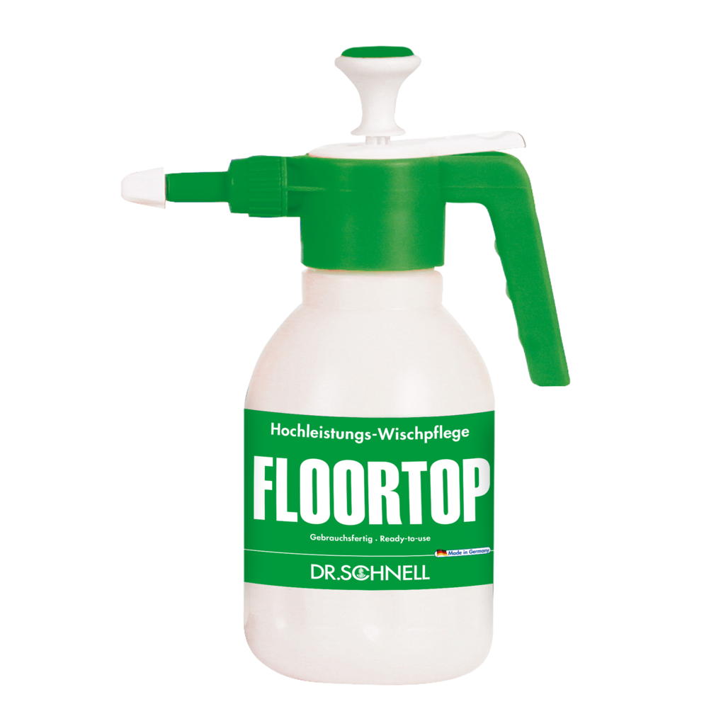 Eine weiße Kunststoff-Sprühflasche Dr. Schnell Drucksprüher 1,5 Liter von DR.SCHNELL GmbH & Co. KGaA, mit grüner Pumpe und Düse, mit der Aufschrift "FLOORTOP" in großen Buchstaben und "DR. SCHNELL" in deutscher Schrift am Boden.