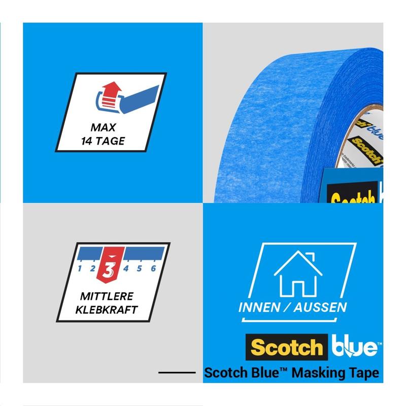 Un rouleau de ruban de masquage ScotchBlue™ "Multi-Surface" de 3M Deutschland GmbH est représenté avec des symboles indiquant une durée d'utilisation jusqu'à 14 jours, une adhérence moyenne et une adéquation pour les applications intérieures et extérieures.