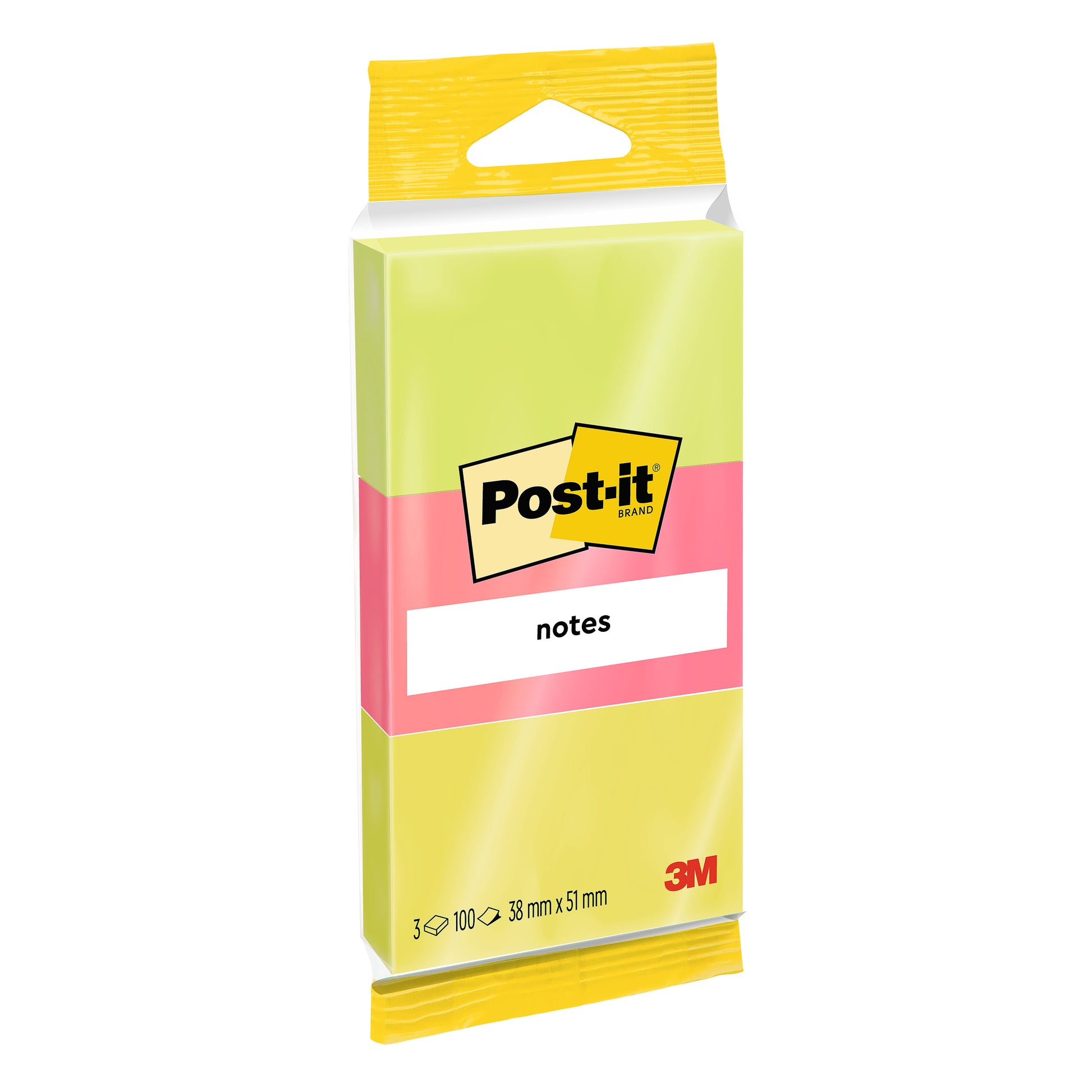 Eine Packung Post-it® Notes, Verschiedene Neonfarben, 38 mm x 51 mm, 100 Blatt/Block, 3 Blöcke/Packung, PEFC-zertifiziert (SGSCH-PEFC-COC-110078), von 3M Deutschland GmbH.
