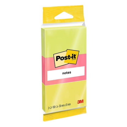 Un paquet de notes Post-it® de 3M Deutschland GmbH en différentes couleurs néon, 38 x 51 mm, 100 feuilles par bloc, 3 blocs par paquet, certifié PEFC (SGSCH-PEFC-COC-110078), idéal pour les notes et les rappels.