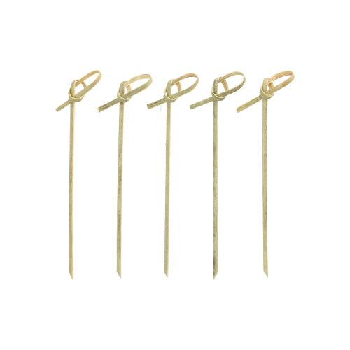 Fünf PAPSTAR 40 Fingerfood - Picker „pure“ der PAPSTAR GmbH, mit geknoteten Schlaufen an der Oberseite, sind vertikal in einer Reihe auf weißem Untergrund angeordnet.