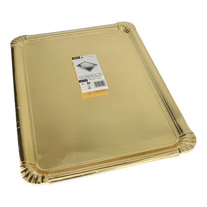 Les plateaux de service Starpak 5 (34 x 45,5 cm) en carton doré avec revêtement PET ont des bords relevés et des coins arrondis. Assiettes jetables avec autocollant code-barres et étiquette produit sur fond blanc. Paquet de 5 pièces.