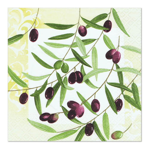 Les serviettes PAPSTAR GmbH 20, 33 x 33 cm, 3 plis de la collection Design Set 2 présentent un motif de branche d'olivier avec des feuilles vertes et des olives violettes ainsi qu'un motif jaune sur fond clair.