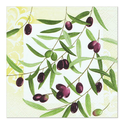 Les serviettes PAPSTAR GmbH 20, 33 x 33 cm, 3 plis de la collection Design Set 2 présentent un motif de branche d'olivier avec des feuilles vertes et des olives violettes ainsi qu'un motif jaune sur fond clair.