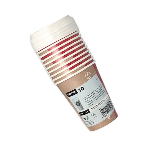 Une pile de 10 gobelets en carton Starpak « To Go » avec couvercles, avec des rayures rouges et brunes, est emballée dans du film plastique et porte une étiquette Starpak avec code-barres et informations de recyclage.