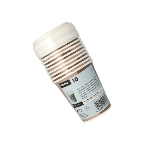 Un paquet de 10 gobelets en carton Starpak « To Go » avec couvercles, rayé brun-blanc, est enveloppé dans du film plastique et muni d'une étiquette d'information sur le produit et d'un code-barres. Marque : Starpak ; Produit : Starpak 10 gobelet, carton avec couvercle, PS « To Go ».