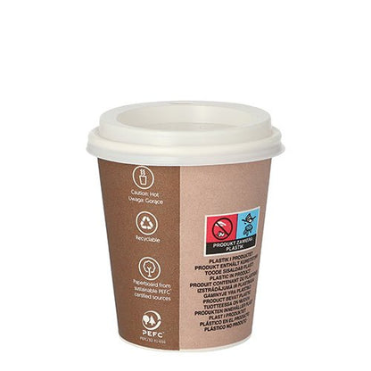 Un gobelet brun Starpak 10, carton avec couvercle, PS « To Go » avec un couvercle en plastique blanc est posé sur un fond blanc uni et affiche des symboles de recyclage, des avertissements et des informations sur le produit sur le côté.