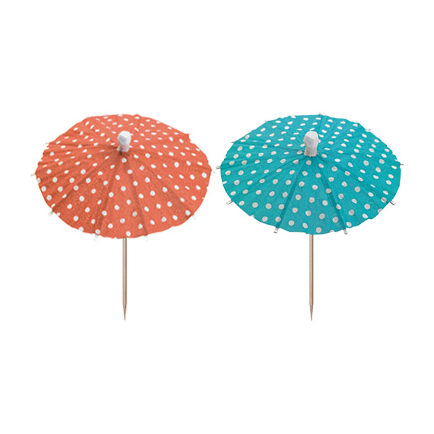 Zwei PAPSTAR 10 Deko-Picker Cocktailschirmchen der PAPSTAR GmbH – einer orange, einer blau, beide mit weißen Punkten und Holzstäbchen – stehen nebeneinander auf weißem Untergrund und eignen sich ideal als Party-Fingerfood-Dekoration.