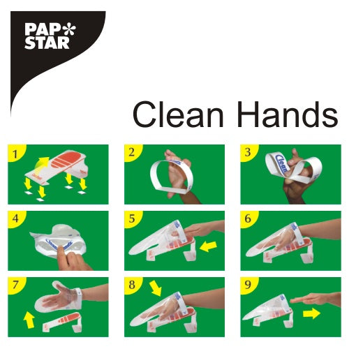 Un guide visuel avec le PAPSTAR Clean Hands Base Kit, acier inoxydable (11,5x12,7x22 cm), de la PAPSTAR GmbH montre en neuf panneaux numérotés avec des étapes d'insertion et de sécurisation des mains sur fond vert, comment enfiler un gant en plastique pour l'hygiène.