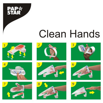 Un guide visuel avec le PAPSTAR Clean Hands Base Kit, acier inoxydable (11,5x12,7x22 cm), de la PAPSTAR GmbH montre en neuf panneaux numérotés avec des étapes d'insertion et de sécurisation des mains sur fond vert, comment enfiler un gant en plastique pour l'hygiène.