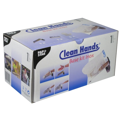 Le PAPSTAR Clean Hands Base Kit, acier inoxydable (11,5x12,7x22 cm, argent) de la PAPSTAR GmbH est livré dans une boîte pliante blanche avec des accents bleus et violets et montre des illustrations de protection des mains pour une utilisation hygiénique.