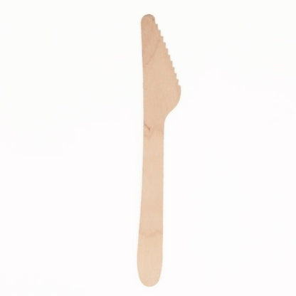 Un PAPSTAR couteau en bois "pure" (16,5 cm), écologique et stable, avec dentelure, repose sur un fond blanc. Le sac contient 25 pièces.