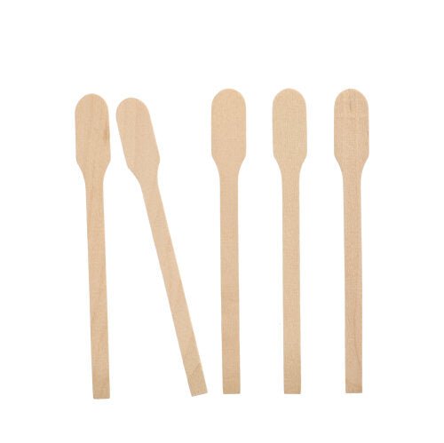 Cinq PAPSTAR bâtonnets en bois "pure", 13 cm, écologiques et stables, sont disposés verticalement côte à côte sur un fond blanc. Les bâtonnets présentent des extrémités arrondies et des bords plats.