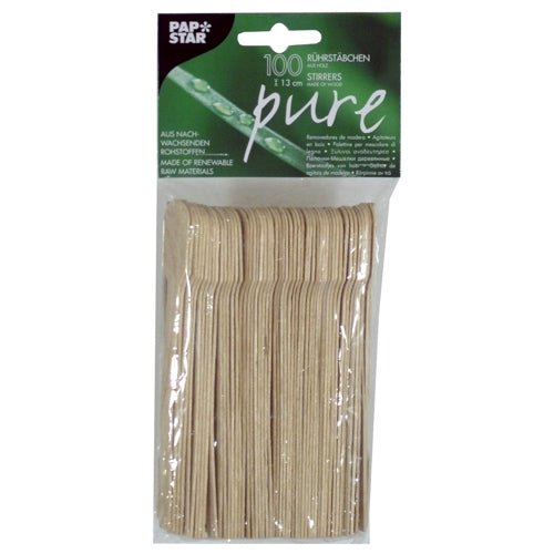 Un paquet de 100 PAPSTAR bâtonnets en bois "pure" (13 cm), écologiques et stables, dans le sac de PAPSTAR GmbH - empilés et emballés dans un film transparent avec une étiquette vert-noir.
