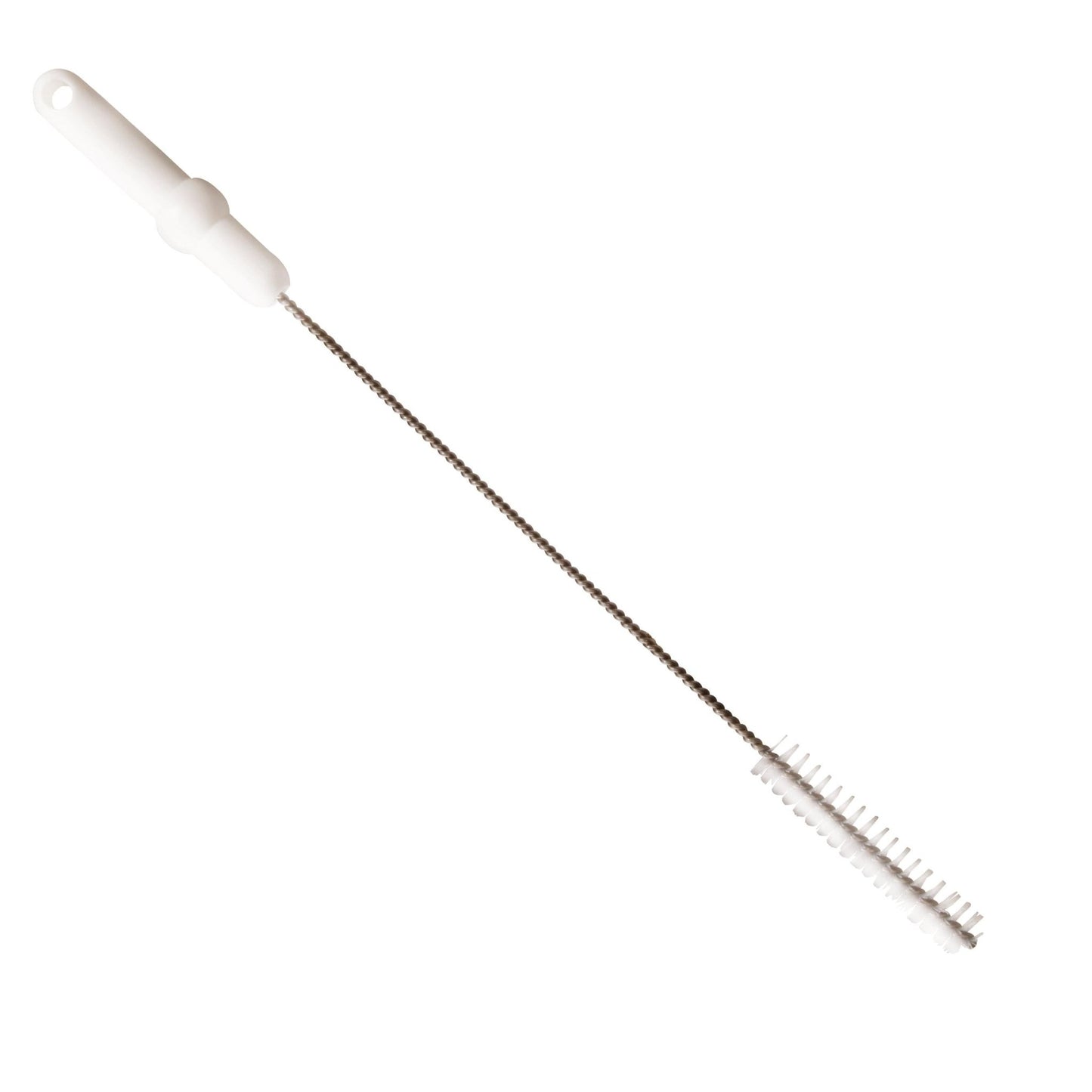 La Haug Bürsten brosse à tube KG avec fil d'acier inoxydable V2A, PP/PBT dur 500 x Ø20 mm en blanc est idéale pour le nettoyage professionnel des tuyaux. Elle dispose d'une longue tige en acier inoxydable avec des poils blancs, représentés sur un fond uni.
