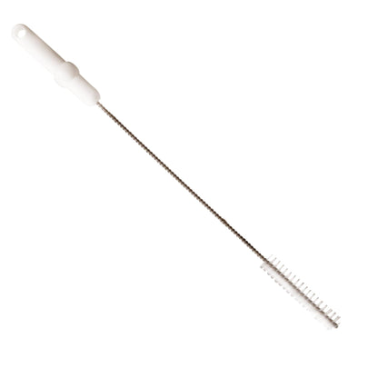 La Haug Bürsten brosse à tube KG avec fil d'acier inoxydable V2A, PP/PBT dur 500 x Ø20 mm en blanc est idéale pour le nettoyage professionnel des tuyaux. Elle dispose d'une longue tige en acier inoxydable avec des poils blancs, représentés sur un fond uni.