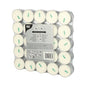 Un paquet de 50 bougies chauffe-plat blanches PAPSTAR (100% stéarine, Ø 37,2 mm, 15,5 mm) de la société PAPSTAR GmbH - disposées en cinq rangées de dix et emballées dans du plastique avec des étiquettes multilingues et des instructions sur le devant.